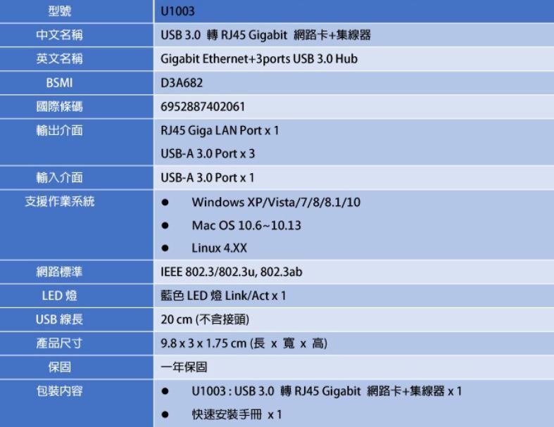 TOTO LINK  U1003 USB 3.0 轉RJ45 Gigabit 網路卡+集線器