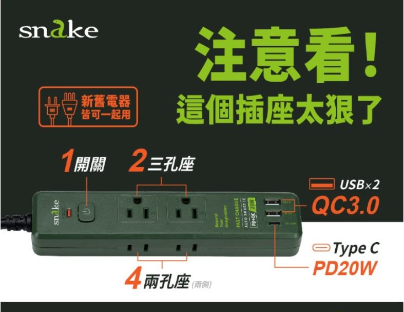 【snake蛇吞象】 1開6插PD快充安全插座 1.2M 軍綠(P3224U-4G) 快充PD延長線