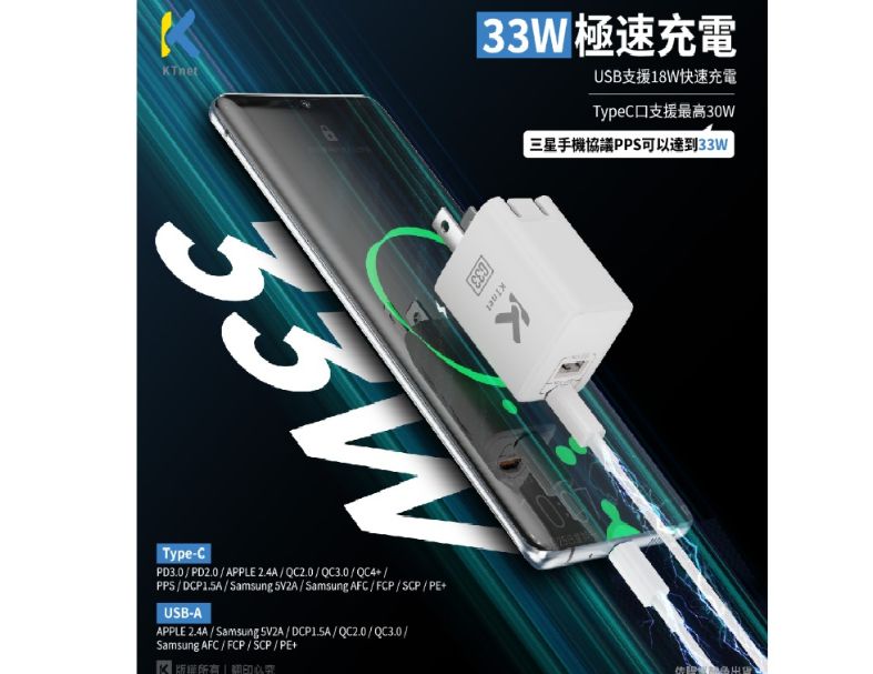 G33 氮化鎵33W全電壓充電器1A1C 白