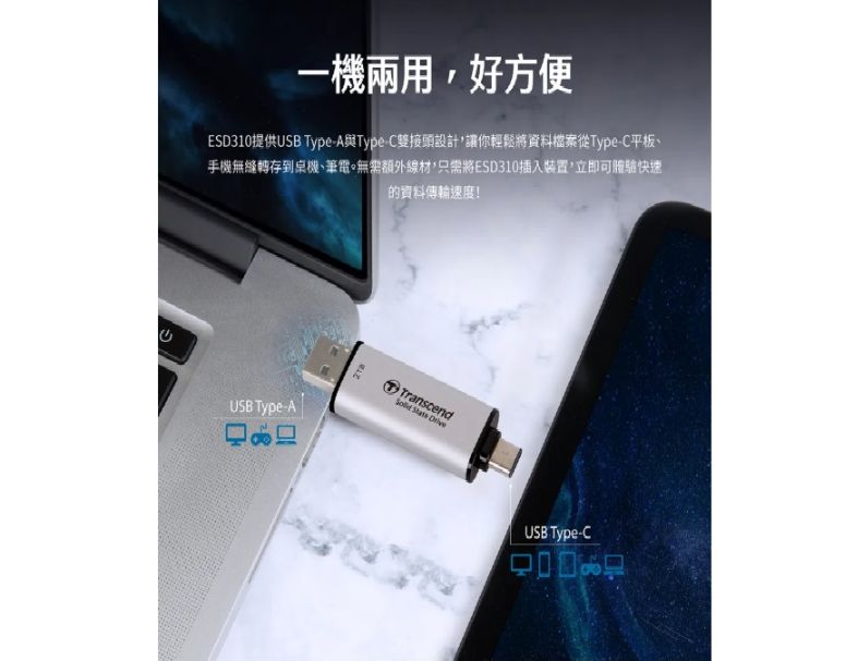 Transcend 創見 ESD310C USB3.2/Type C 1TB 雙介面固態行動碟-太空黑