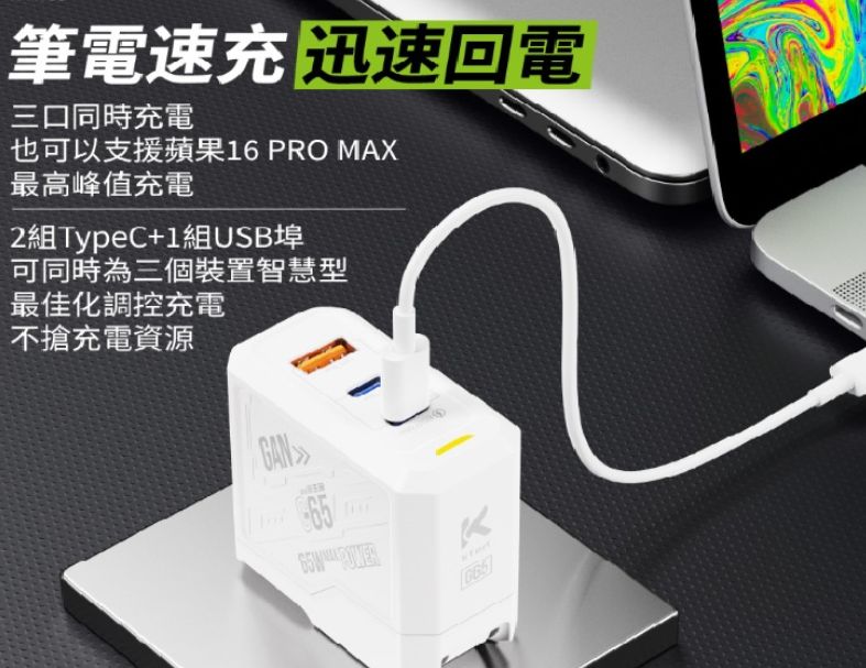 【KTnet】G65氮化鎵1A2C 機甲65W全電壓充電器