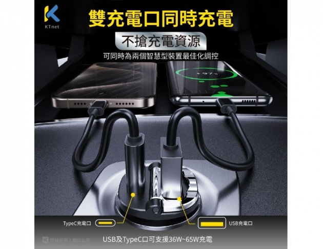 【Ktnet】 CP65A 65W拉桿迷你車用快充充電器A+C 黑