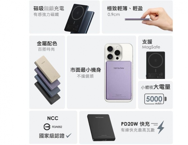 TOTOLINK M5 5000mAh 超薄磁吸無線快充行動電源