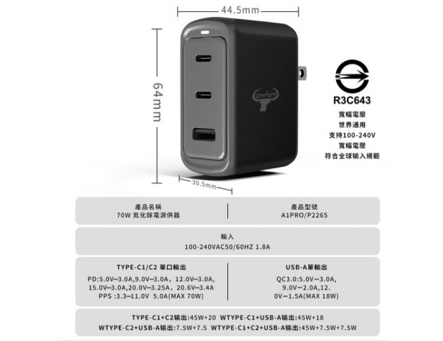 Cowhorn牛角70W PD+QC氮化鎵快充旅充頭-2C1A 黑/白