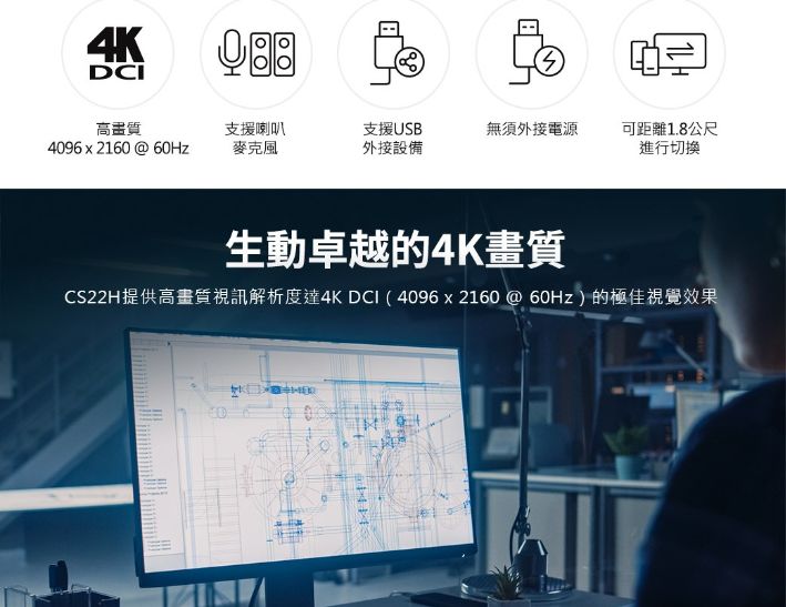 ATEN CS22H 2埠USB 4K HDMI帶線式KVM多電腦切換器 (外接式切換按鍵)