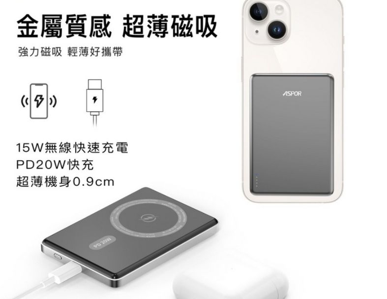 ASPOR A381 金屬超薄款/5000mAh/PD 20W/15W 磁吸式無線閃充行動電源