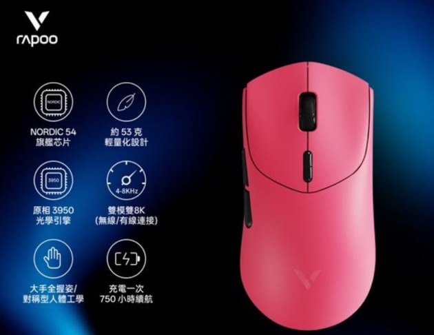 雷柏Rapoo VT7 MAX 輕量雙模雙8K人體工學電競滑鼠