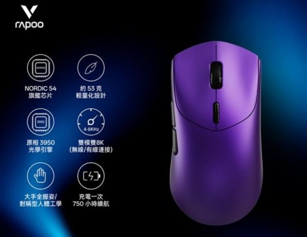 雷柏Rapoo VT7 MAX 輕量雙模雙8K人體工學電競滑鼠