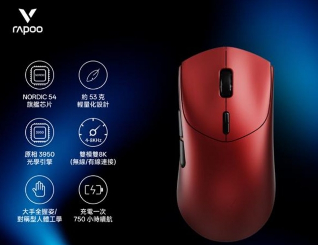 雷柏Rapoo VT7 MAX 輕量雙模雙8K人體工學電競滑鼠