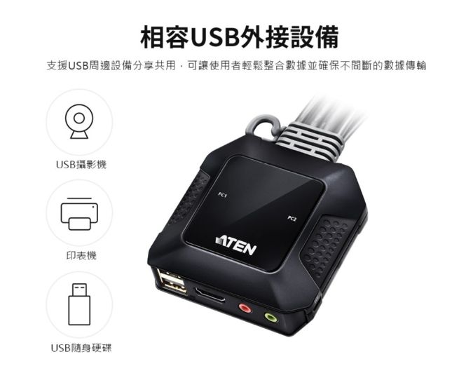 ATEN CS22H 2埠USB 4K HDMI帶線式KVM多電腦切換器 (外接式切換按鍵)