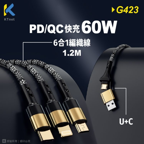 【KTnet】G423 U+C 6合1 PD 6A快充編織線 1.2M PD/QC快充可達60W