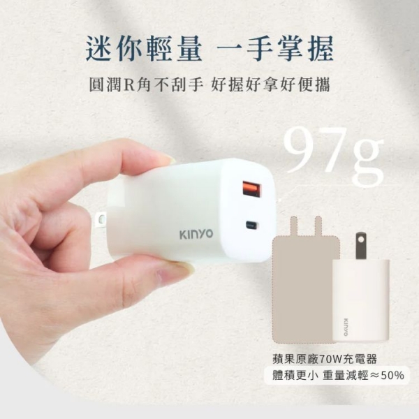 【KINYO】氮化鎵雙孔PD充電器65W (PDCB-165)