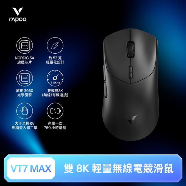 雷柏Rapoo VT7 MAX 輕量雙模雙8K人體工學電競滑鼠