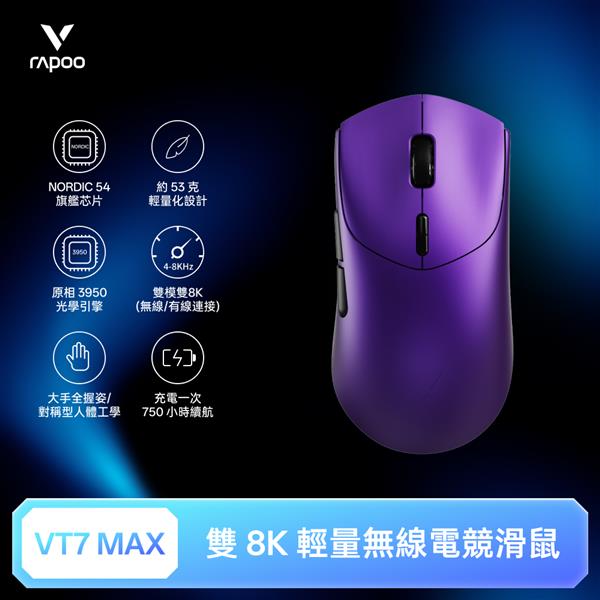 雷柏Rapoo VT7 MAX 輕量雙模雙8K人體工學電競滑鼠