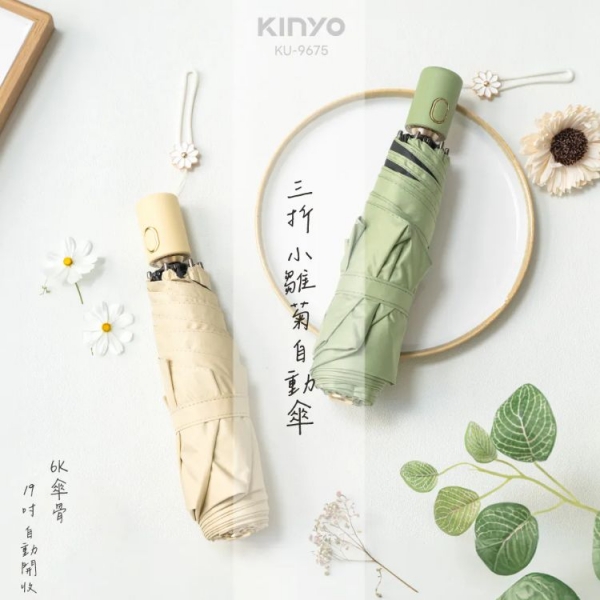 【KINYO】19吋三折小雛菊自動傘 (KU-9675) 菊草綠 